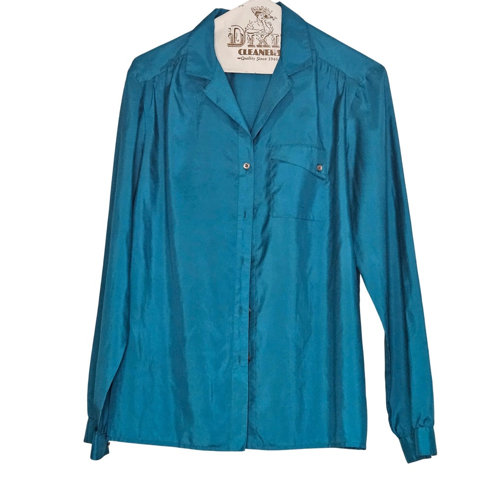 Vintage Teal Button Down Long Sleeve Collared Blouse Chic Career Office Romantic